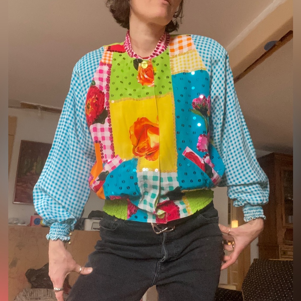 Diane Gilman Multicolor Patchwork Bomber Jacket